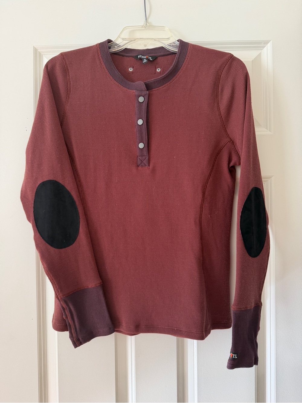 Kerrits Rust Red Long Sleeve Henley with Black Elbow Patches